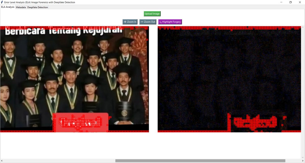 ELA (Error Level Analysis) atas kedua citra digital WISUDA yang beredar.

Kotak merah menandakan potensi edit karena sebaran kompresi yang tidak seragam.