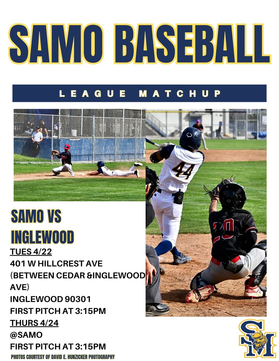 SCHEDULE UPDATE:
*Tomorrow's game will be at 401 W Hillcrest Ave (Between Cedar and Inglewood Ave) Inglewood. First pitch at 3:15PM
*Thursday's home game with Inglewood will start at 3:15PM
#GOSAMO #SAMOhiBASEBALL