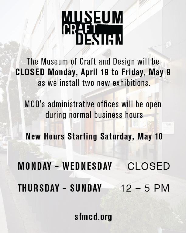 MCD will be CLOSED from April 19-May 9 as we install two exciting new exhibitions
⁠
MCD’s admin offices will be open during our regular business hours
⁠
**New Museum Hours starting Saturday, May 10!**⁠
⁠
Open: Thursday – Saturday: 12 – 5 PM  ⁠
Closed: Monday – Wednesday⁠