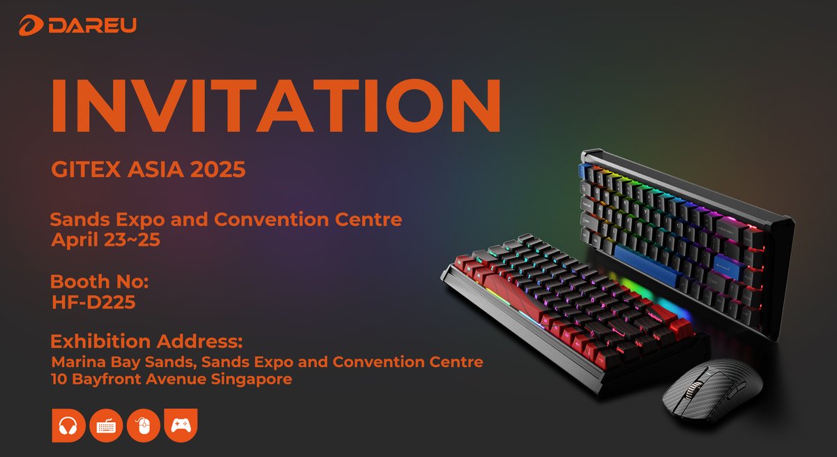 Dareu_Global's tweet image. 🚀 DAREU at GITEX Asia 2025 – See You in Singapore!
We’re thrilled to announce that DAREU will be showcasing our latest innovations at GITEX Asia 2025 in Singapore! 🎮💡
📅 Date: April 23-25, 2025
📍 Booth:HF-D225 
🔗 Stay tuned for updates!
#DAREU #GITEXAsia2025 #GamingTech