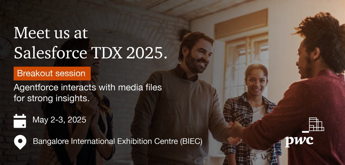 Join <a href="/PwC_IN/">PwC India</a> at #TDX25 Bengaluru on May 2-3 as they showcase Agentforce’s unique media file capabilities powered by Data Cloud. Learn from Atul Rajguru in their can't-miss breakout session. #ad sforce.co/3Rup2aK