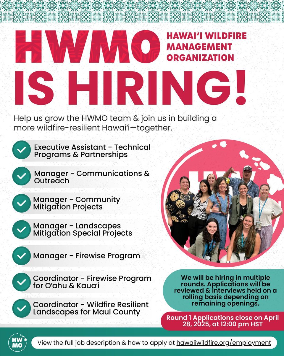 Our partners at Hawaii Wildfire Management Organization are hiring !

If you are passionate about helping communities in Hawaii prepare for recover from wildfires...this is your chance to help their mission.

For more info: hwmo.org