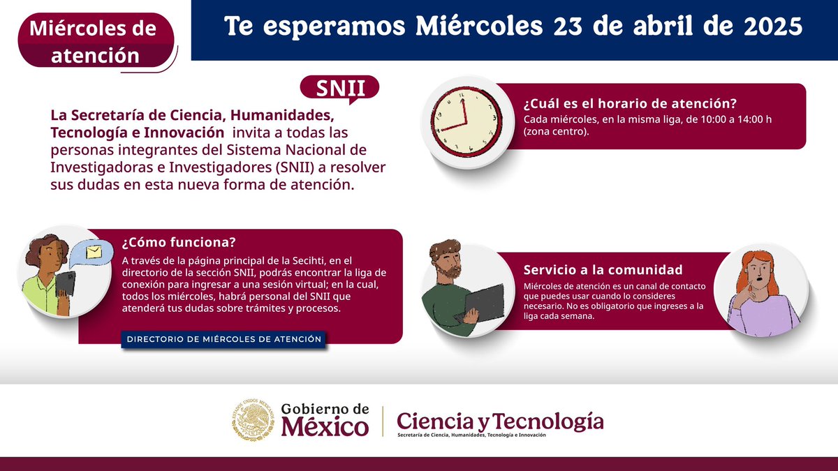 Secihti_Mx's tweet photo. 👉🏽 #Miércolesdeatención | Únete para aclarar todas las dudas sobre el Sistema Nacional de Investigadoras e Investigadores #SNII.
Ubica tu directorio en el enlace.
🕙 De 10:00 a 14:00 h
🔗 https://t.co/C4rLmMhPEZ https://t.co/GOoZo7QTxf
