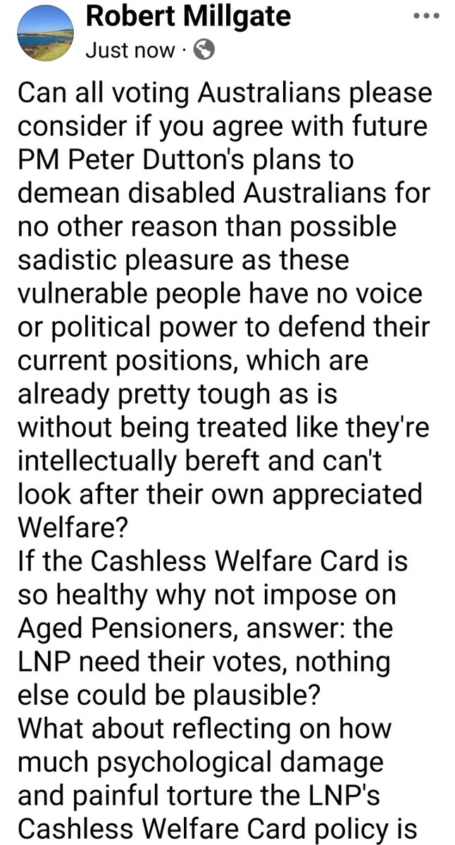 AusRobMillgate's tweet photo. Please consider not supporting the LNP'S Cashless Welfare Card as it's cruel towards Disabled crippled Australians, and the unemployed, thanks for reading my Please. https://t.co/7tCld7xxfS