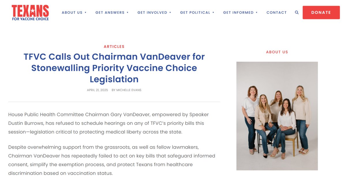 P_McCulloughMD's tweet photo. TFVC Calls Out Chairman VanDeaver for Stonewalling Priority Vaccine Choice Legislation

April 21, 2025 by Michelle Evans @TXforVaxChoice 

Among the bills being held hostage in committee by VanDeaver @GaryVanDeaver are:

HB 730 (Swanson): allows Texans to print exemption forms at home @ValoreeforTexas 

HB 1356 (Schatzline): prohibits the denial of medical care based on vaccination status @NateSchatzline

HB 1468 (Leo Wilson) & HB 4927 (Shofner): protects vaccine choice rights for healthcare workers and students @TerriLeoWilson  @joannefortexans 

TFVC urges Speaker Dustin Borrows to intervene and ensure these bills receive the hearings they deserve. With only a few weeks remaining in the current Legislative Session for bills to move, it’s time for Chairman VanDeaver to stop slow-rolling these bills and start doing more to protect Texans’ medical freedoms. @Burrows4TX @McCulloughFund @ThinkerMichelle 

https://t.co/Bwmwr7mfq8