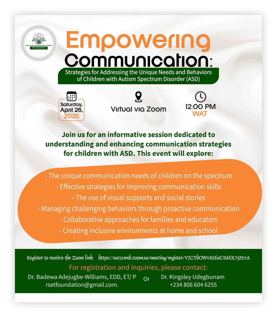 Join us for an informative session dedicated to understanding and enhancing communication strategies for children with ASD. 
Register to receive the Zoom link @ us02web.zoom.us/meeting/regist…