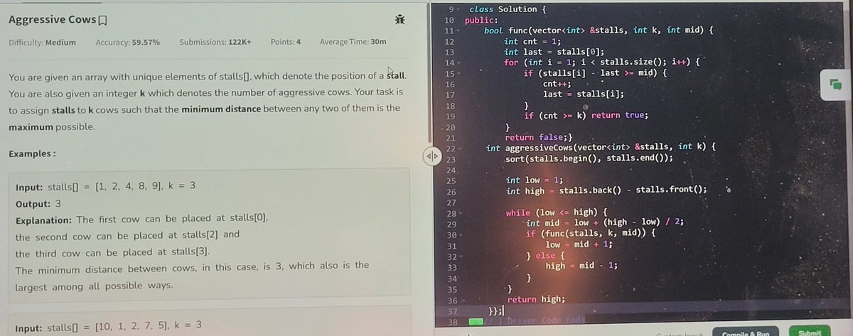 useridtaken_irl's tweet image. Diving into the C++ code to solve the &quot;Aggressive Cows&quot; algorithm challenge. The provided binary search approach on the sorted stall positions typically yields a time complexity of O(N log N) due to the initial sorting and the logarithmic search space.
#Leetcode #Binary_search ✌️