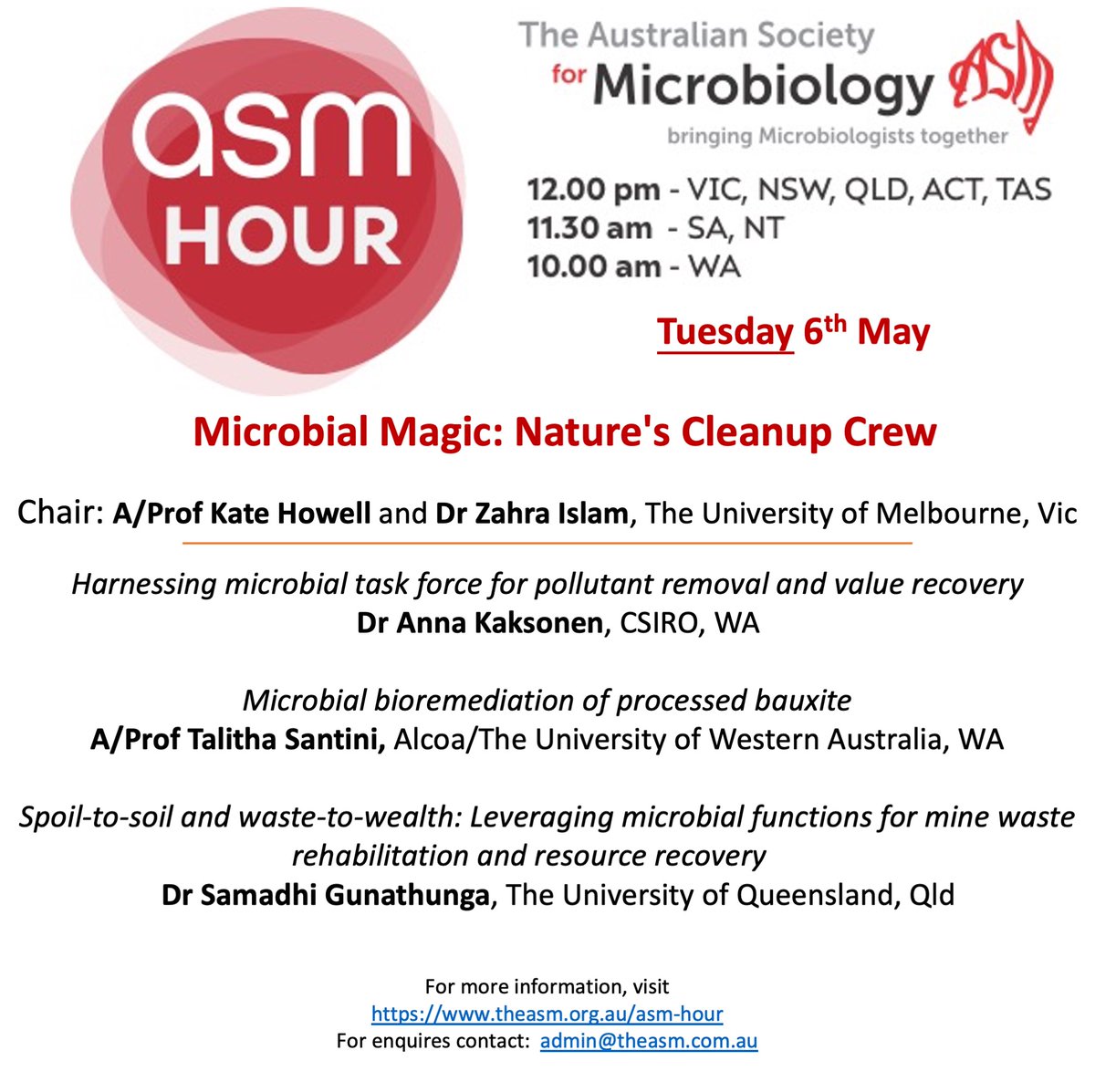 Please join us for the next ASM Hour which will be run by our Microbial Ecology and Environmental theme, and chaired by A/Prof Kate S. Howell and Dr Zahra Islam:
Theme: Microbial Magic: Nature's Cleanup Crew
Date: May 6th theasm.org.au/asm-hour