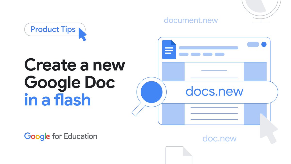 GoogleForEdu's tweet image. Just had a bright idea? 💡 Quick #GoogleDocs tip: Type docs.new in your browser to instantly create a new blank document! ✨ What’s your favorite Google Docs hack?
