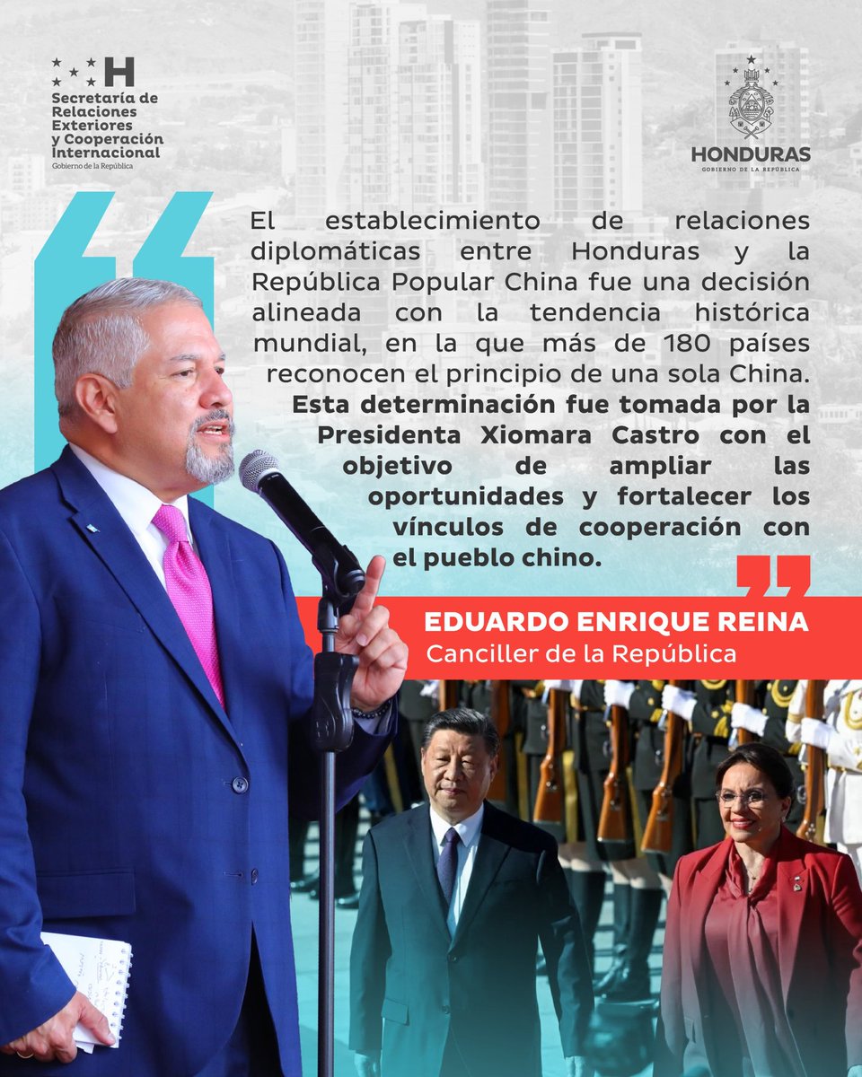 🇭🇳🇨🇳|| En referencia al establecimiento de relaciones diplomáticas entre Honduras y la República Popular China, el Canciller <a href="/EnriqueReinaHN/">Enrique Reina</a>, manifestó que fue una decisión estratégica de la Presidenta <a href="/XiomaraCastroZ/">Xiomara Castro de Zelaya</a> alineada con el principio de una sola China.