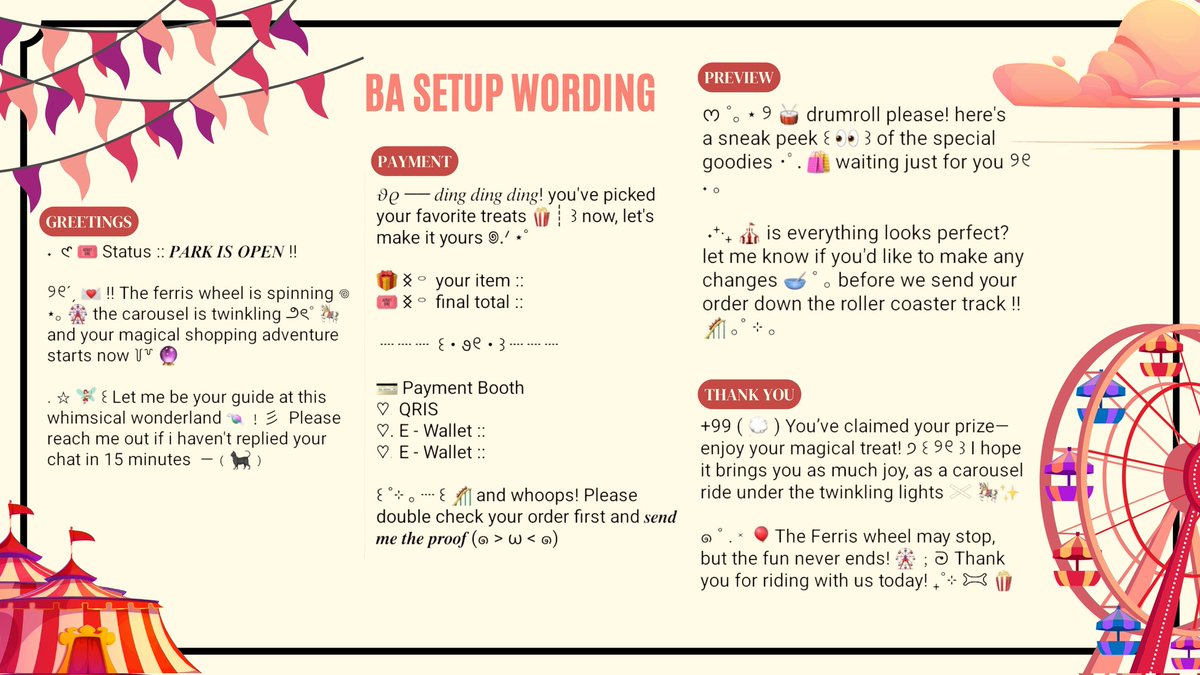 🎪 CLEARANCE SALE 🎪 any interaction absolutely appreciated ‼️

Holaa!! Aku mau bawain lagi bundle setup wording aku yang ini WITH SPECIAL PRICEE! (check ALT) Wording ini avail buat wabis yaa 🫶🏻 take it or regret it 🤡 

#zonauang