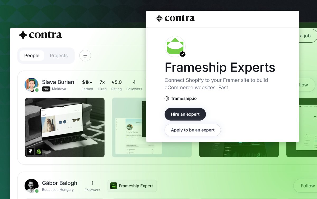 It's so excited watching the lineup of verified @Frameship_io Experts on @Contra grow.

Here's who's new to our Expert lineup🎉:
@Gabor_tweets
<a href="/SlavaBurian/">Slava Burian</a>
<a href="/ThaerSwailem/">Thaer Swailem</a> 
<a href="/SalahDesign__/">Salah Eddine | Salah.Design</a> 
<a href="/CristianMielu/">Cristian Mielu</a> 
<a href="/RalconStudio/">Widya Bayu W</a> 
@Shaigexp

Hire an expert of apply to become an one: