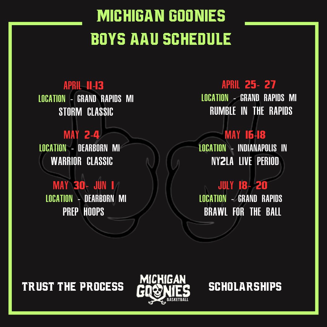 Michigan Goonies AAU (@michigangoonies) on Twitter photo 🚨 Schedule Alert 🚨 College coaches we look forward to seeing you on the baselines this spring and summer. We hit the road to Grand Rapids this weekend for <a href="/PHCircuit/">Prep Hoops Circuit 🏀</a> Rumble in the Rapids 🤘🏴☠️ <a href="/coach_lumbo/">Coach Lumbo</a> <a href="/coachrush222/">Coachrush222</a> <a href="/Devbuckets/">Devin Goodwyn</a> <a href="/razorray33/">RayGotGame</a> <a href="/TreBuckets__/">Tre payne</a> <a href="/HankampScott/">Scott Hankamp</a> 🚨 Schedule Alert 🚨 College coaches we look forward to seeing you on the baselines this spring and summer. We hit the road to Grand Rapids this weekend for <a href="/PHCircuit/">Prep Hoops Circuit 🏀</a> Rumble in the Rapids 🤘🏴☠️ <a href="/coach_lumbo/">Coach Lumbo</a> <a href="/coachrush222/">Coachrush222</a> <a href="/Devbuckets/">Devin Goodwyn</a> <a href="/razorray33/">RayGotGame</a> <a href="/TreBuckets__/">Tre payne</a> <a href="/HankampScott/">Scott Hankamp</a>