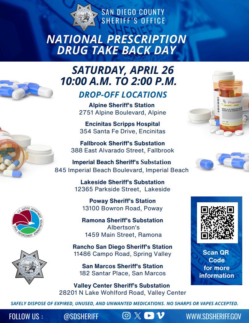San Diego Sheriff (@sdsheriff) on Twitter photo #KeepingYouSafe <a href="/SDSheriff/">San Diego Sheriff</a> is proud to support <a href="/DEAHQ/">DEA HQ</a> <a href="/DEASANDIEGODiv/">DEASanDiego</a> #TakeBackDay.
Join us on Saturday, April 26 from 10 a.m. to 2 p.m. in <a href="/SDSOAlpine/">Alpine Station</a> <a href="/SDSONCoastal/">North Coastal Station</a> <a href="/EncinitasGov/">City of Encinitas</a> <a href="/SDSOFallbrook/">Fallbrook Substation</a> <a href="/CityofIB/">Imperial Beach</a> <a href="/SDSOLakeside/">Lakeside Substation</a> <a href="/SDSOPoway/">Poway Station</a> <a href="/cityofpoway/">City of Poway</a> <a href="/SDSORamona/">Ramona Substation</a> <a href="/SDSORSD/">Rancho San Diego Station</a> #KeepingYouSafe <a href="/SDSheriff/">San Diego Sheriff</a> is proud to support <a href="/DEAHQ/">DEA HQ</a> <a href="/DEASANDIEGODiv/">DEASanDiego</a> #TakeBackDay.
Join us on Saturday, April 26 from 10 a.m. to 2 p.m. in <a href="/SDSOAlpine/">Alpine Station</a> <a href="/SDSONCoastal/">North Coastal Station</a> <a href="/EncinitasGov/">City of Encinitas</a> <a href="/SDSOFallbrook/">Fallbrook Substation</a> <a href="/CityofIB/">Imperial Beach</a> <a href="/SDSOLakeside/">Lakeside Substation</a> <a href="/SDSOPoway/">Poway Station</a> <a href="/cityofpoway/">City of Poway</a> <a href="/SDSORamona/">Ramona Substation</a> <a href="/SDSORSD/">Rancho San Diego Station</a>