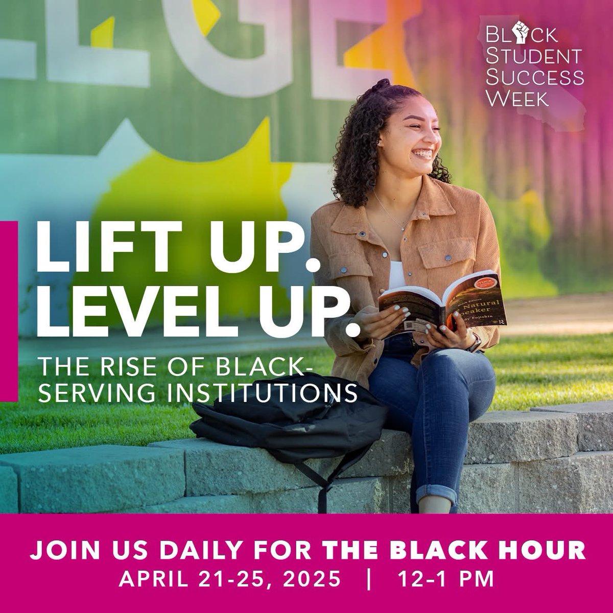 Ecstatic 2 support Black Student Success Week, happening 4/ 21–25/2025!  

Theme, “Lift Up, Level Up: The Rise of Black Serving Institutions,” celebrates the vital role of community colleges &amp; the power of centering Black student success. Register via blkstudentsuccess.com.