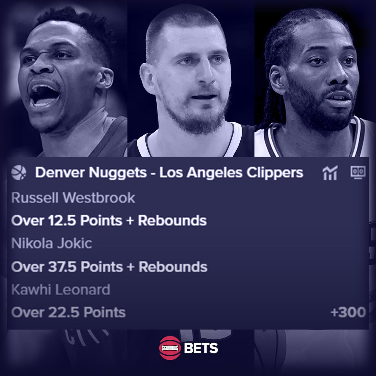 Apr 21th NBA Analyse:

Nuggets - Clippers Parlay (+300)
- Russell Westbrook: Over 12.5 Points + Rebounds
- Nikola Jokic: Over 37.5 Points + Rebounds
- Kawhi Leonard: Over 22.5 Points