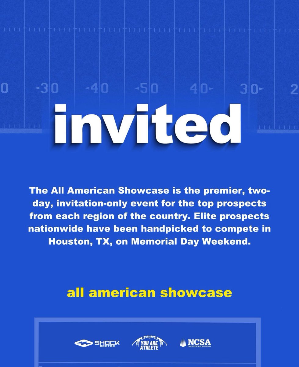 Thank you <a href="/youareathlete/">You Are Athlete</a> for inviting me to the invite-only all American showcase <a href="/IronWillSC/">Iron Will</a> <a href="/MagWestFootball/">Mustang Football</a> <a href="/mcgeheeben32/">Coach Mc</a> <a href="/CoachMaloneMWHS/">James Malone</a> <a href="/ShockDoctor/">Shock Doctor</a> <a href="/ncsa/">NCSA College Recruiting</a>