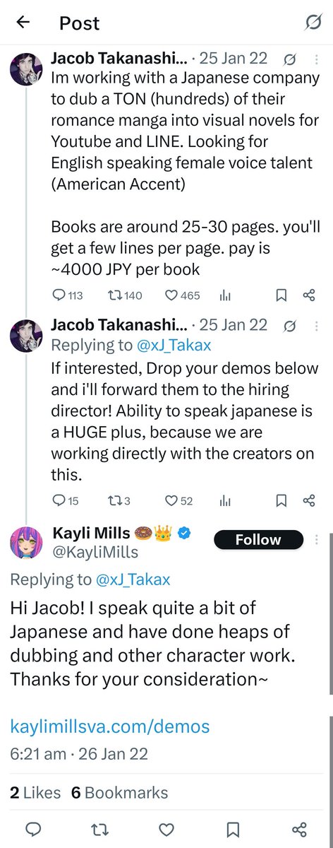 AmanogawaT2025's tweet photo. This entire post sounds and 100% is damage control

After seeing how other game's fans such as the Nikke fans saying to recast her now she comes out and tries to do damage control

Here is a tweet btw showing that she did know Jacob before even this situation &amp; he offered work https://t.co/aESX5N0i6t