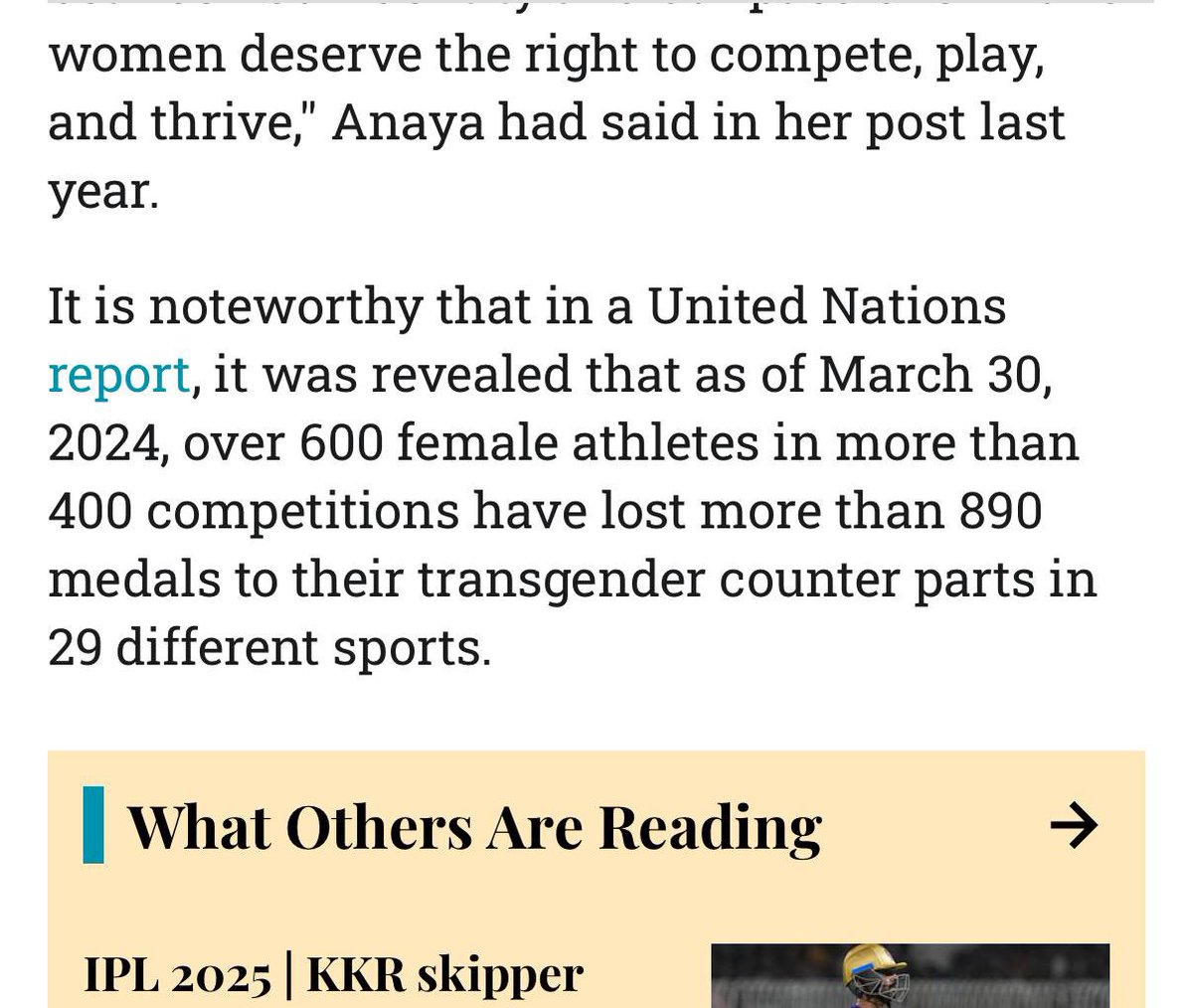 It ends with a footnote about a UN report on how females have lost to Transgender counterparts. But the truth is that UN report DOES NOT EXIST!