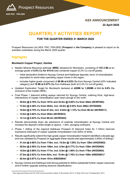 $PSC March 2025 Quarterly Report: Highlights include a maiden 515kt Cu MRE at Mumbezhi, strong Phase 1 drilling results, ESIA &amp; mining licence approvals &amp; a $15.2M strategic investment from First Quantum. Read more: bit.ly/43YUzck

$PSC.AX #ProspectResources