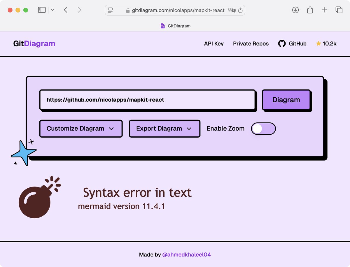 Nicolas Ettlin ✨ (@nicolapps) on Twitter photo Hi <a href="/ahmedkhaleel04/">Ahmed Khaleel</a>! I tried gitdiagram.com on a repo I created (github.com/nicolapps/mapk…) but it generated a syntax error I can’t fix (because even if I retry the first attempt is cached). Is there a way I can avoid this? Hi <a href="/ahmedkhaleel04/">Ahmed Khaleel</a>! I tried gitdiagram.com on a repo I created (github.com/nicolapps/mapk…) but it generated a syntax error I can’t fix (because even if I retry the first attempt is cached). Is there a way I can avoid this?