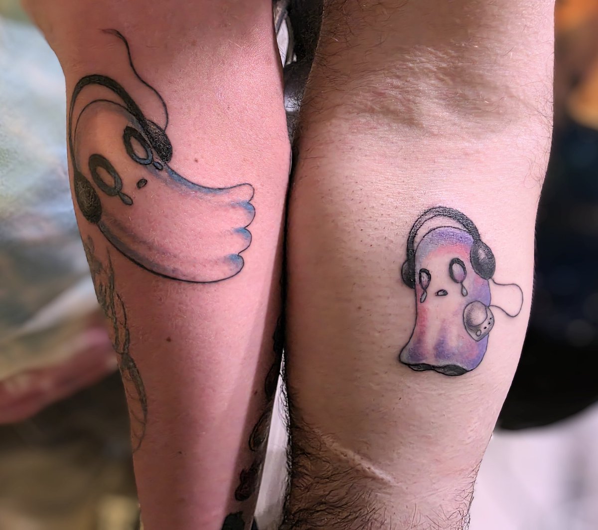 Got Napstablook tattoos with my bestie today that are *chef's kiss* imo