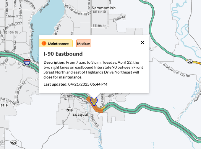 I-90 이사콰 여행객 여러분, 차선 축소 4/22!이사콰의 EB I-90 BTWN