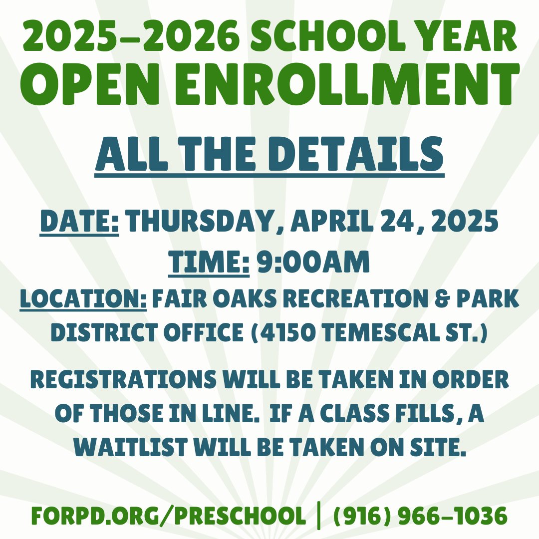 fairoakspark's tweet photo. 📢 Mark Your Calendars! 🎉
✨ Open Enrollment for Fair Oaks Preschool is almost here! ✨

Spots fill up FAST—don’t miss out! 🚀 Click here for full details &amp; required documents: https://t.co/qJmXKUZvoe

#FairOaksPreschool #PreschoolFun #PlayLearnGrow #JoinTheTurtles 🐢💚 https://t.co/05h7PIlN55