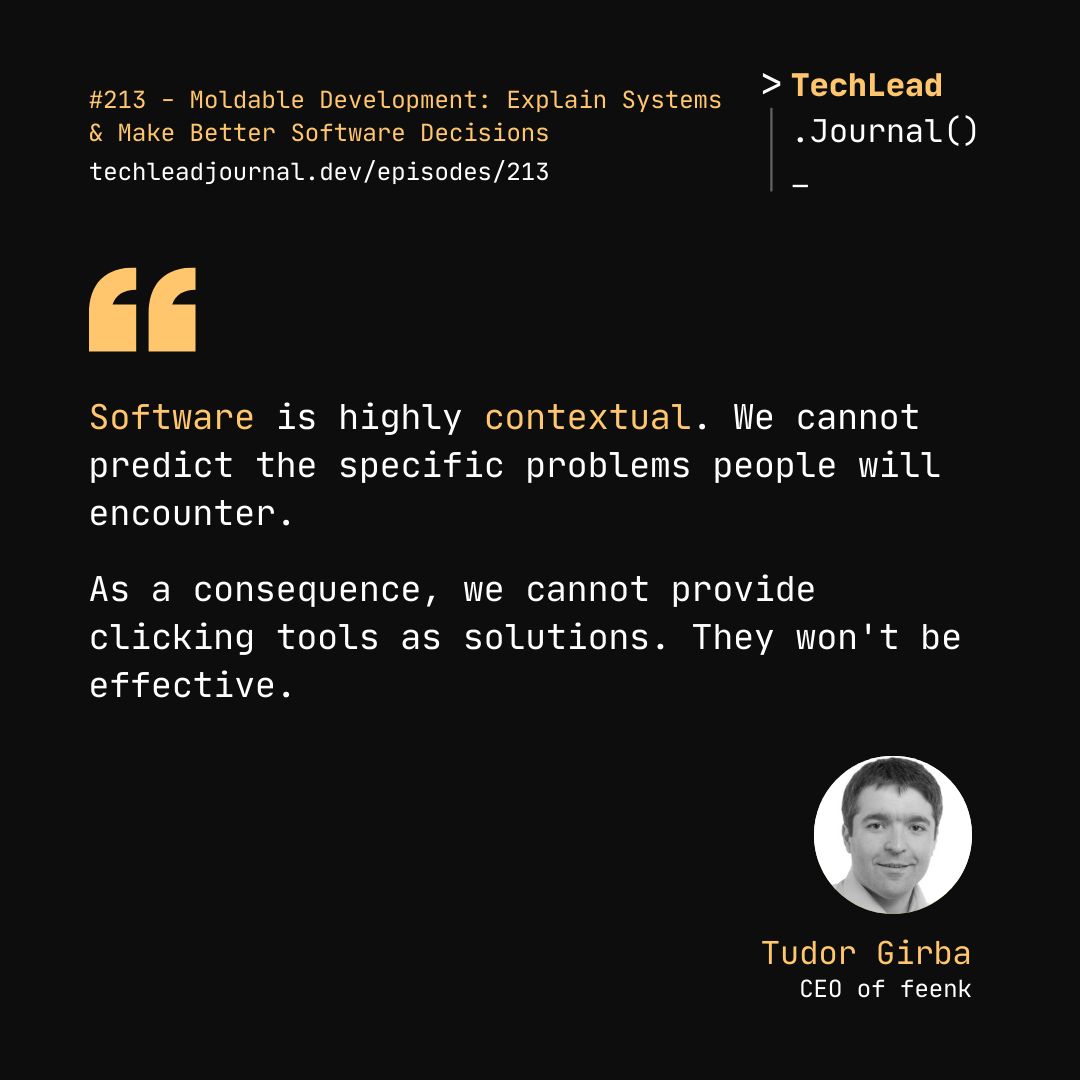 Tech Lead Journal (@techleadjournal) on Twitter photo Software is contextual. One-size-fits-all tools won’t cut it.
Hear more from <a href="/girba/">Tudor Girba</a> in episode 213.
#softwareengineer #decisionmaking Software is contextual. One-size-fits-all tools won’t cut it.
Hear more from <a href="/girba/">Tudor Girba</a> in episode 213.
#softwareengineer #decisionmaking