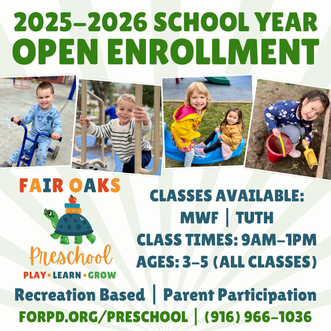 fairoakspark's tweet photo. 📢 Mark Your Calendars! 🎉
✨ Open Enrollment for Fair Oaks Preschool is almost here! ✨

Spots fill up FAST—don’t miss out! 🚀 Click here for full details &amp; required documents: https://t.co/qJmXKUZvoe

#FairOaksPreschool #PreschoolFun #PlayLearnGrow #JoinTheTurtles 🐢💚 https://t.co/05h7PIlN55