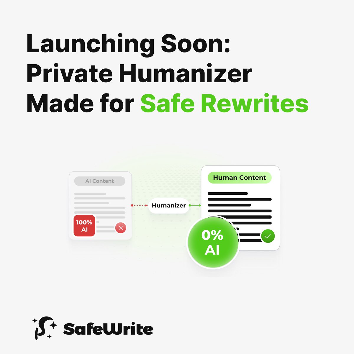 Safewrite_AI's tweet image. Your humanizers are not safe anymore. Detectors have already caught their rewrite patterns.

Here's how we can help: no shared models, no recycled patterns—just your private humanizer, which AI detector won't find. We’re launching soon. Stay tuned.