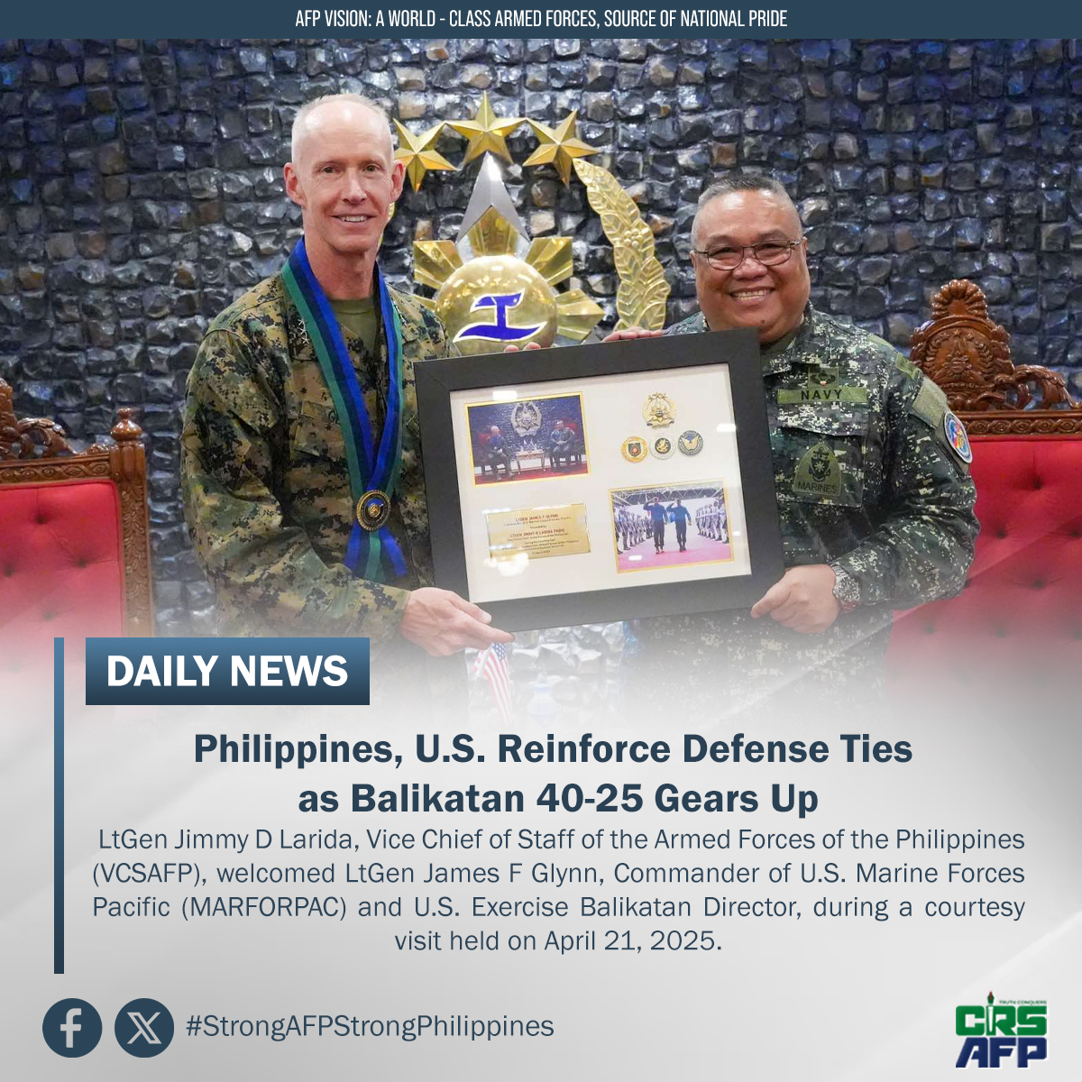 Philippines, U.S. Reinforce Defense Ties as Balikatan 40-25 Gears Up

#AFPyoucanTRUST  
#OneAFPOnePhilippines  
#StrongAFPStrongPhilippines  
#OurSeasOurRightsOurFuture