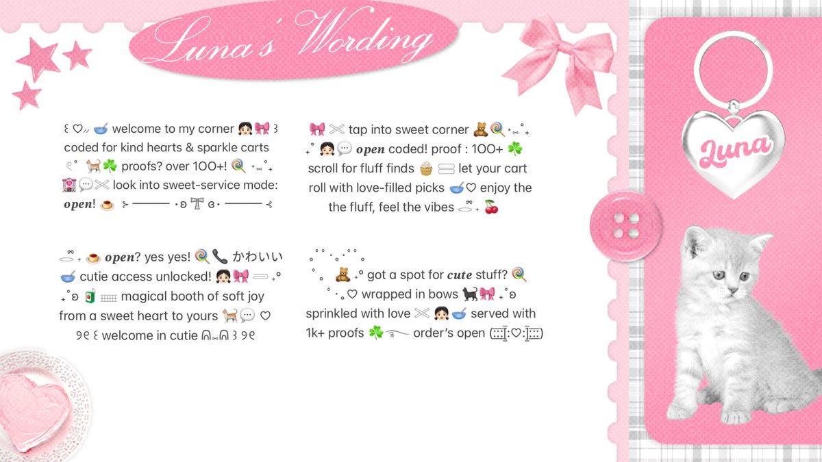 sereenitte's tweet image. help repost please? thank you! ♡

luna’s lovely wording is here! 🐰🎀 four ready stock pinned wording to make your profile extra cute . . &amp;lt;3 kindly look the ALT for prices! 👧🏻💬 don’t let them sit too long, sweetie 🍭 ⋆⑅˚₊

#zonauang #zonajajan️️