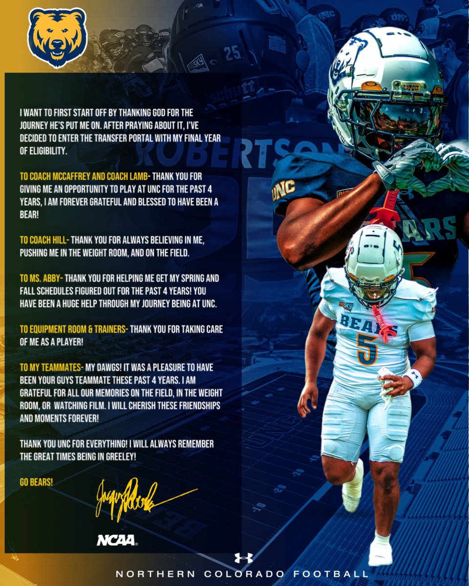 I am entering the transfer portal as a Graduate Transfer with one year of eligibility remaining.

Grateful for the Northern Colorado experience, and looking forward to my next opportunity!