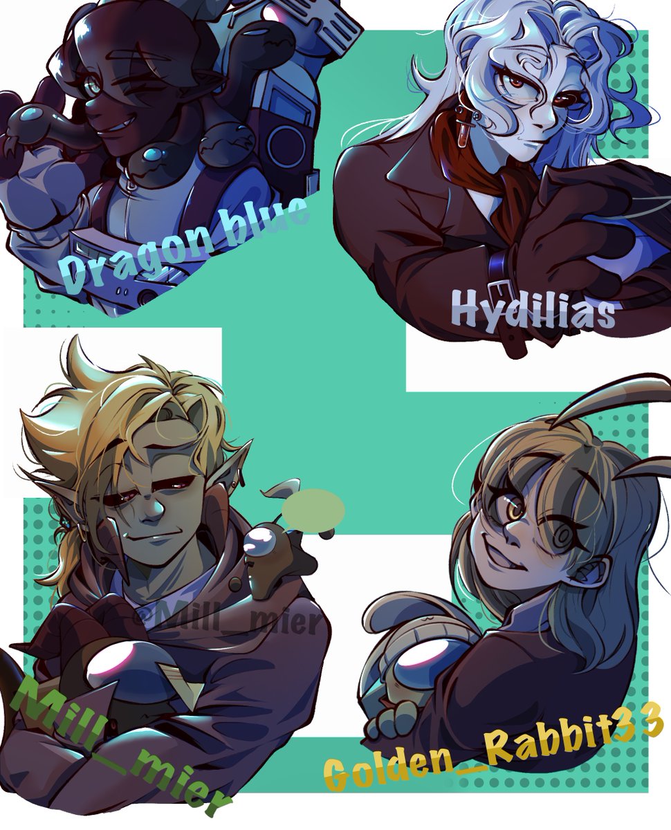 here is art practice, has a long time didn't to draw human OCs btw these characters owners : <a href="/Dragon_Bluey/">Dragonblue</a> ,<a href="/hydilias/">海蒂利亚斯_Hydilias</a> , <a href="/Golden_Rabbit33/">金兔</a>  and myself