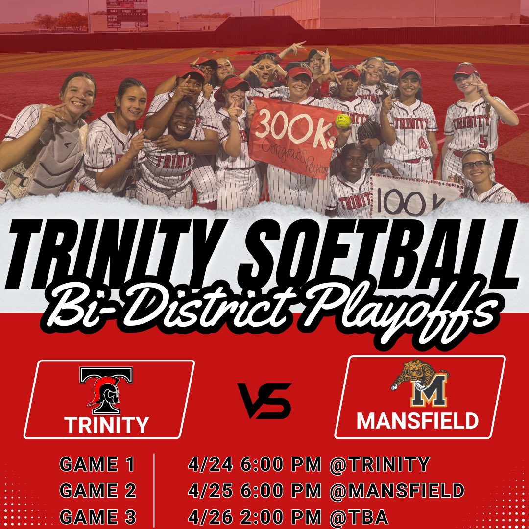 Trinity Trojans Softball (TX) (@trinity_trojans) on Twitter photo Round 1 Bi-District Playoffs are set!
Trinity vs Mansfield
Best 2 out of 3 series starts Thursday!
Come out be LOUD and cheer on your Trojans! 🎉<a href="/EulessTrinityHS/">Euless Trinity High</a> <a href="/hebisd/">HEB ISD</a> <a href="/HEBAthletics/">HEB Athletics</a> Round 1 Bi-District Playoffs are set!
Trinity vs Mansfield
Best 2 out of 3 series starts Thursday!
Come out be LOUD and cheer on your Trojans! 🎉<a href="/EulessTrinityHS/">Euless Trinity High</a> <a href="/hebisd/">HEB ISD</a> <a href="/HEBAthletics/">HEB Athletics</a>