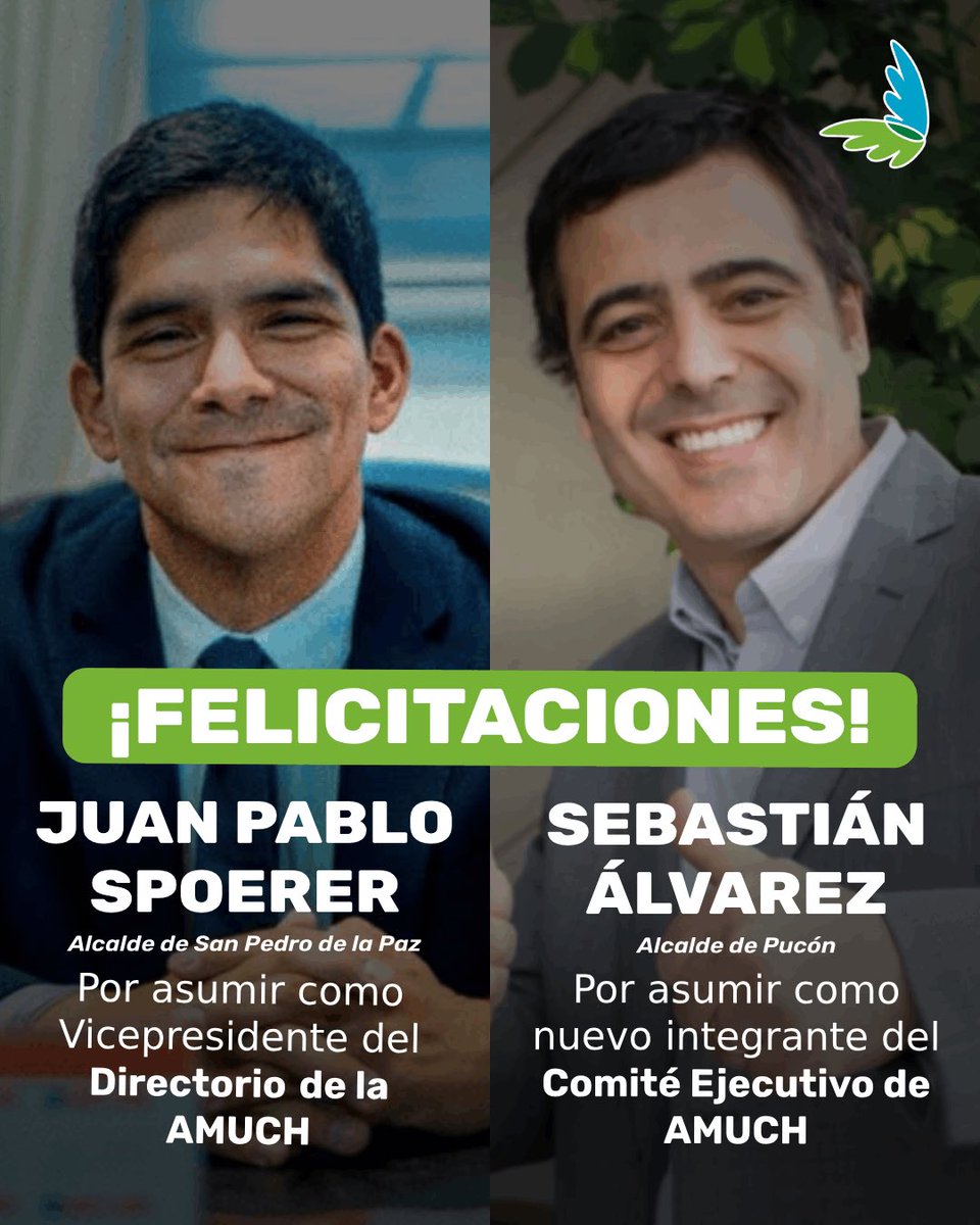 Evolución Política (@evopoli) on Twitter photo ¡Dos alcaldes Evópoli asumen nuevos desafíos en la AMUCH! 👏🏼 Felicitamos a <a href="/jpspoerer/">Juan Pablo Spoerer</a>, alcalde de San Pedro de la Paz, por asumir como Vicepresidente del Directorio de la AMUCH, y a <a href="/s_alvarezIX/">Sebastián Álvarez</a>, alcalde de Pucón, quien se integra al Comité Ejecutivo. ¡Orgullo #Evopoli! ¡Dos alcaldes Evópoli asumen nuevos desafíos en la AMUCH! 👏🏼 Felicitamos a <a href="/jpspoerer/">Juan Pablo Spoerer</a>, alcalde de San Pedro de la Paz, por asumir como Vicepresidente del Directorio de la AMUCH, y a <a href="/s_alvarezIX/">Sebastián Álvarez</a>, alcalde de Pucón, quien se integra al Comité Ejecutivo. ¡Orgullo #Evopoli!