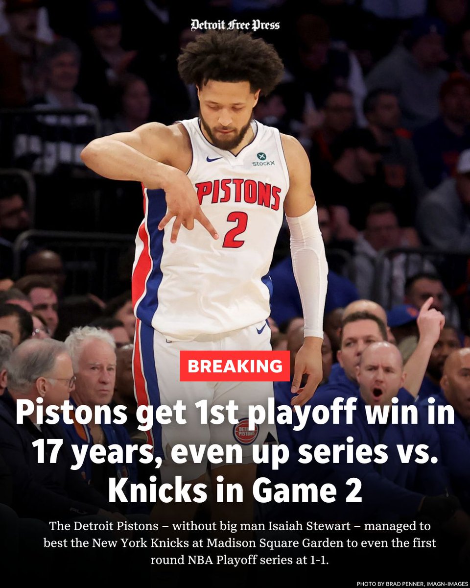 Detroit Pistons upset New York Knicks in Game 2 for first playoff win since 2008, 100-94
freep.com/story/sports/n…