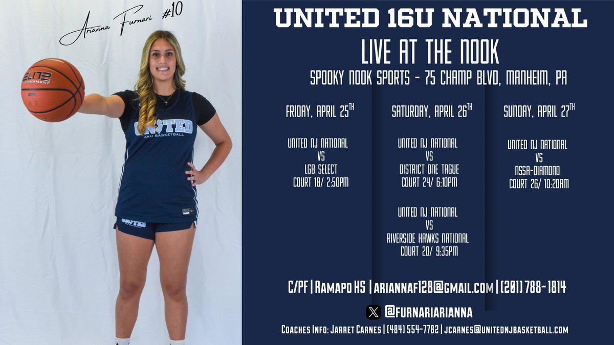 Arianna Furnari (@furnariarianna) on Twitter photo Come see me this weekend at Spooky Nook!
<a href="/unitedNJaau/">United NJ AAU</a> <a href="/jcarnesjr/">Coach Carnes</a> <a href="/CoachJimmy_O/">Jimmy Ostaszewski</a> <a href="/CoachGaba/">Coach Joe Gaba</a> <a href="/SelectEventsBB/">Select Events Basketball</a> <a href="/RamapoGirls/">Ramapo Girls Basketball</a> <a href="/DanaWhite54/">Dana White</a> Come see me this weekend at Spooky Nook!
<a href="/unitedNJaau/">United NJ AAU</a> <a href="/jcarnesjr/">Coach Carnes</a> <a href="/CoachJimmy_O/">Jimmy Ostaszewski</a> <a href="/CoachGaba/">Coach Joe Gaba</a> <a href="/SelectEventsBB/">Select Events Basketball</a> <a href="/RamapoGirls/">Ramapo Girls Basketball</a> <a href="/DanaWhite54/">Dana White</a>