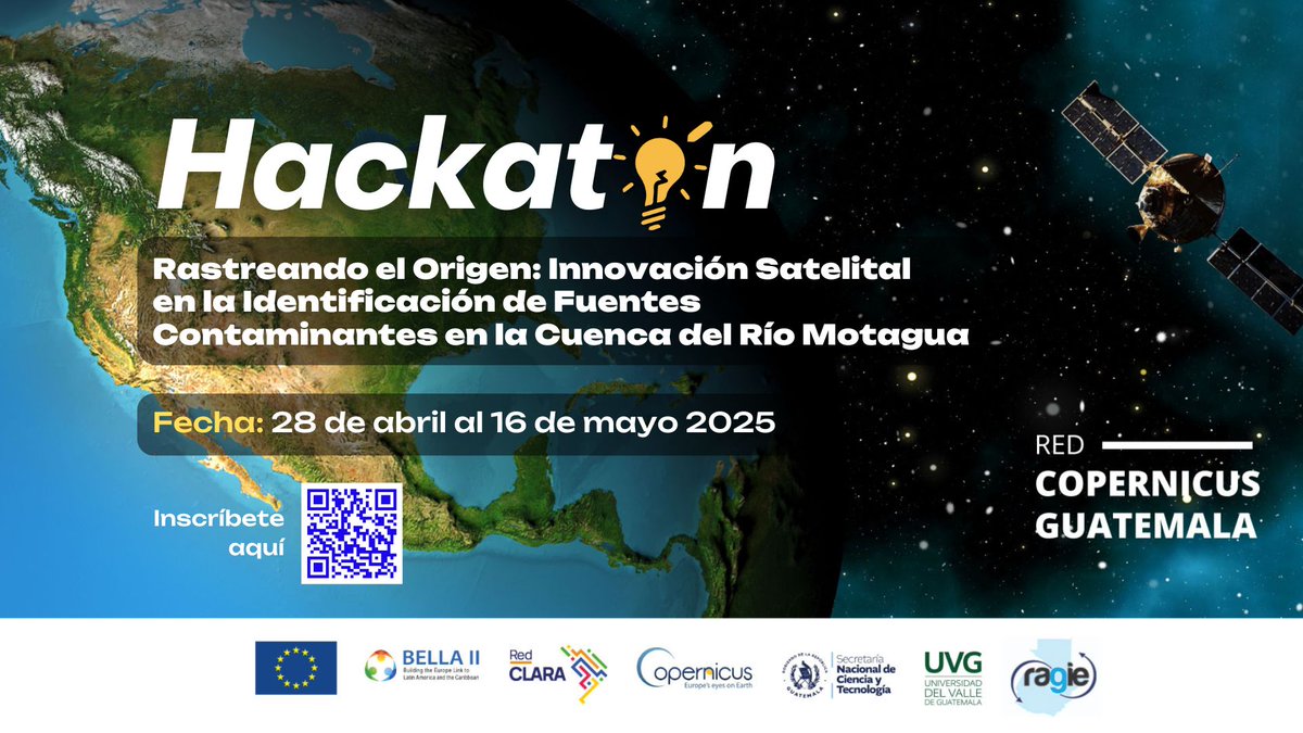 RedCLARA (@redclara) on Twitter photo 🌎¿Te apasiona la innovación, los datos satelitales y el medio ambiente?
📢Del 28 de abril al 16 de mayo, la Academia Copernicus Guatemala te invita a sumarte a este desafío 👇
🔗Inscripciones: shorturl.at/nPw66
<a href="/UEGuatemala/">Unión Europea en Guatemala</a> <a href="/senacytgt/">Senacyt Guatemala</a> <a href="/uvggt/">Universidad del Valle de Guatemala</a> <a href="/CopernicusLAC/">CopernicusLAC Panama Centre</a> <a href="/BELLA_Programme/">BELLA II</a> 🌎¿Te apasiona la innovación, los datos satelitales y el medio ambiente?
📢Del 28 de abril al 16 de mayo, la Academia Copernicus Guatemala te invita a sumarte a este desafío 👇
🔗Inscripciones: shorturl.at/nPw66
<a href="/UEGuatemala/">Unión Europea en Guatemala</a> <a href="/senacytgt/">Senacyt Guatemala</a> <a href="/uvggt/">Universidad del Valle de Guatemala</a> <a href="/CopernicusLAC/">CopernicusLAC Panama Centre</a> <a href="/BELLA_Programme/">BELLA II</a>