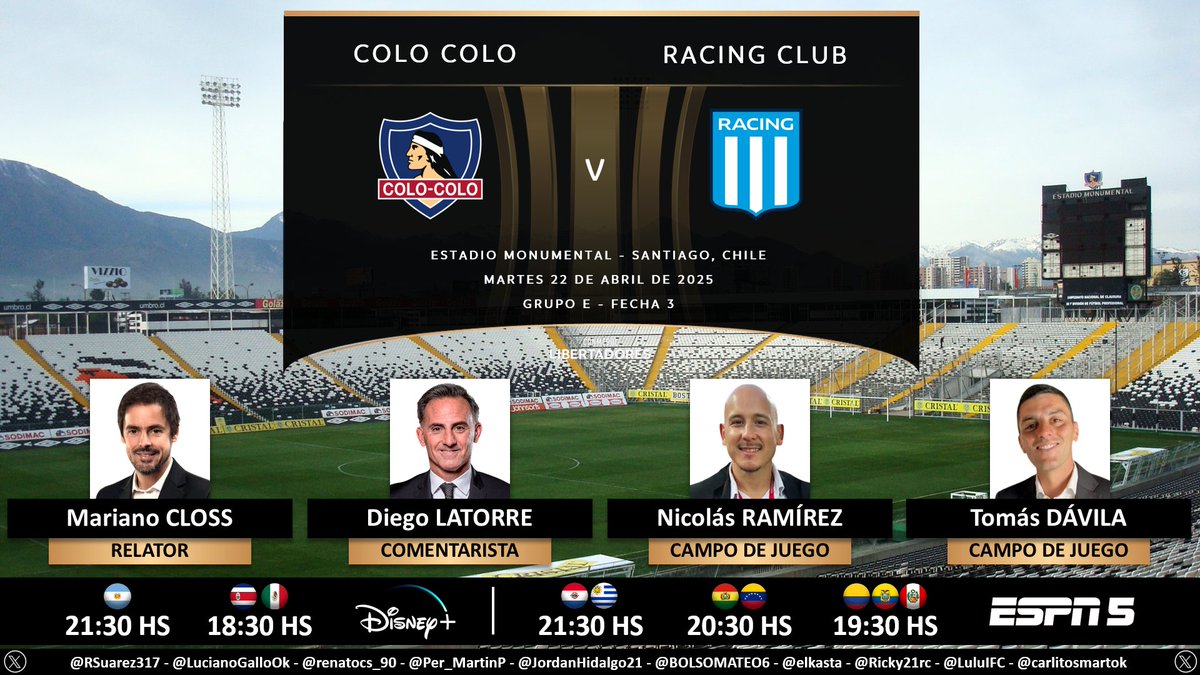 Puntaje Ideal (@puntaje_ideal) on Twitter photo ⚽ #Libertadores | 🇨🇱 #ColoColo vs. #Racing 🇦🇷
🎙 Relator: Mariano Closs
🎙 Comentarista: <a href="/dflatorre/">Diego Latorre</a>
🎙 CdJ: <a href="/Ramirezgnico/">Nicolás Ramírez</a> - <a href="/DavilaTomi/">Tomas Davila</a>
📺 #ESPN5 Sudamérica (❌🇨🇱)
💻📱 <a href="/disneyplusla/">Disney+ Latinoamérica</a> Latinoamérica (❌🇨🇱)
🤳 #LIBERTADORESxESPN - #GloriaEterna
Dale RT 🔃 ⚽ #Libertadores | 🇨🇱 #ColoColo vs. #Racing 🇦🇷
🎙 Relator: Mariano Closs
🎙 Comentarista: <a href="/dflatorre/">Diego Latorre</a>
🎙 CdJ: <a href="/Ramirezgnico/">Nicolás Ramírez</a> - <a href="/DavilaTomi/">Tomas Davila</a>
📺 #ESPN5 Sudamérica (❌🇨🇱)
💻📱 <a href="/disneyplusla/">Disney+ Latinoamérica</a> Latinoamérica (❌🇨🇱)
🤳 #LIBERTADORESxESPN - #GloriaEterna
Dale RT 🔃
