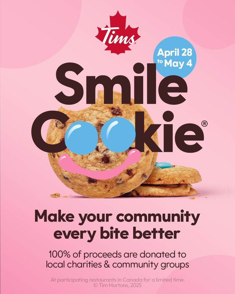 Smile Cookie week is coming! Proud to live in a place that supports our community. Don’t forget to grab a Smile Cookie at Tims April 28-May 4!