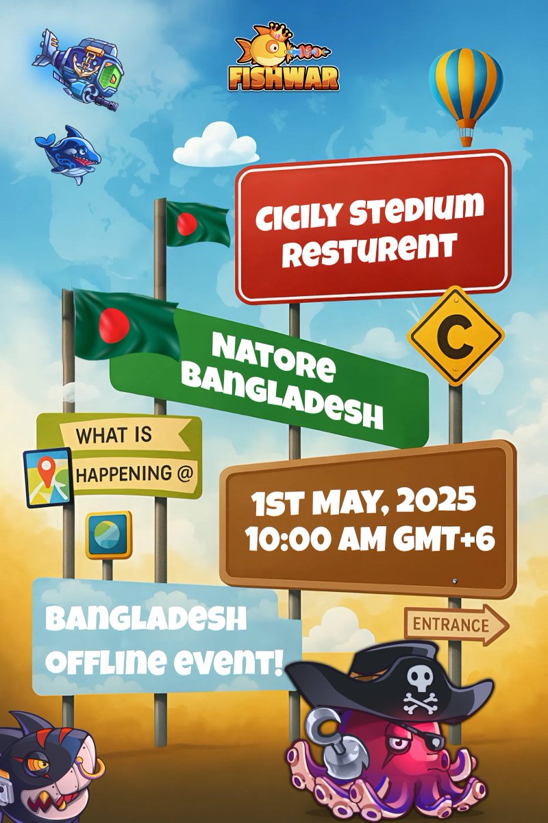 FishWar is coming to Bangladesh! 🇧🇩

We're hosting our very first offline event in Natore — and you're invited!

Location: Cicily Stedium Resturent
Date: 1st May, 2025
Time: 10:00 AM (GMT+6)

Get ready to meet fellow FishWarriors, enjoy exclusive activities, sneak peeks, and