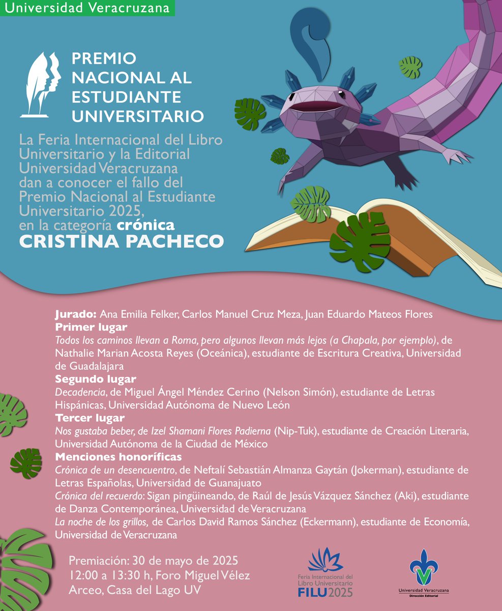 🏅¡Celebremos a los ganadores del Premio Nacional del Estudiante Universitario 2025 en la categoría Cristina Pacheco de Crónica! 🙌🏻

🥇Primer lugar: Nathalie Marian Acosta Reyes 
🥈Segundo lugar: Miguel Ángel Méndez Cerino 
🥉Tercer lugar: Izel Shamani Flores Padierna