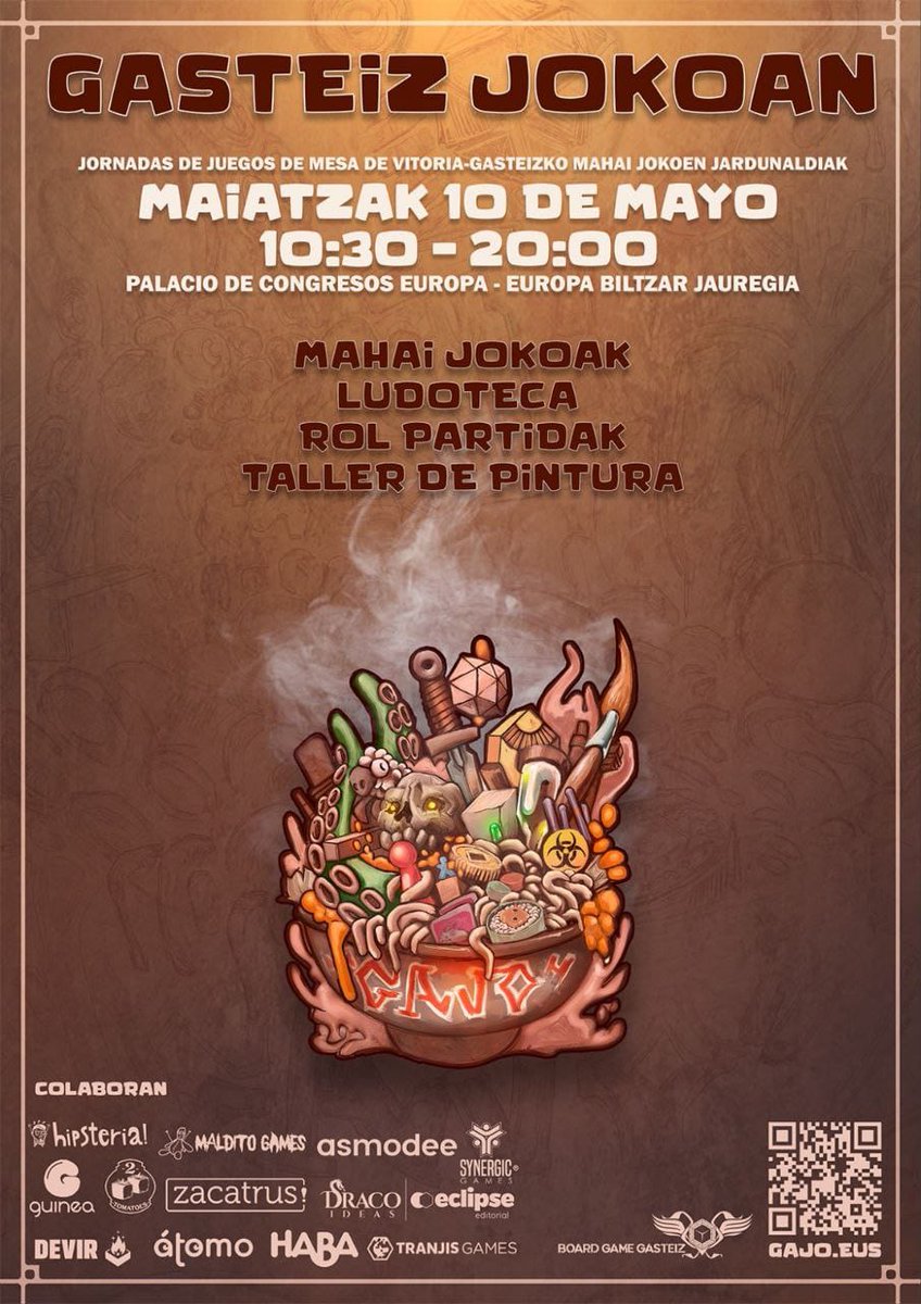 Jornada de Juegos de Mesa -- GASTEIZ JOKOAN
¡Venid a disfrutar un día de juegos de mesa!

📆 10 de Mayo 
📍Palacio de Congresos Europa (Vitoria-Gasteiz)
💶 Entrada gratuita
👥 Para todos los públicos 
ℹ + Info en GaJo.eus

#JuegosDeMesa #MahaiJokoak
#vg_kultura