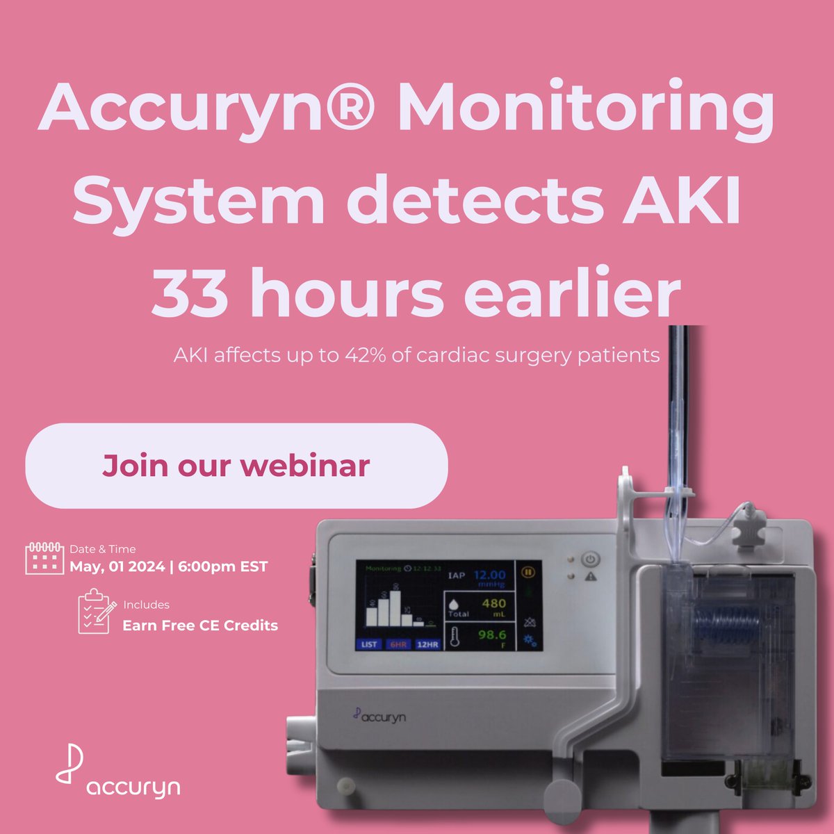 Accuryn provides real-time urine output data to help detect AKI up to 33 hours earlier.

Want to learn more?

Join our free CE webinar on May 1 at 6 PM EST.
🔗: iamnurseapproved.com/courses/catch-…

#aki #criticalcare #protectthekidney #medtech
