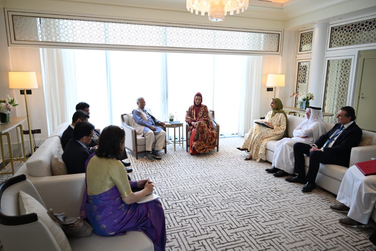 Chief Adviser Professor Muhammad Yunus holds a meeting with Her Highness Sheikha Moza bint Nasser, the Mother of His Highness the Amir of the State of Qatar and Chairperson of Qatar Foundation on the sidelines of Earthna Summit in Doha, Qatar on Tuesday.