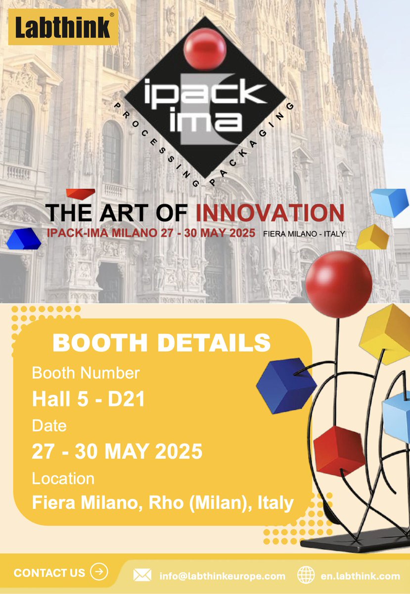 LabthinkGmbH's tweet image. 🚀Labthink is heading to IPACK-IMA 2025 in Milan!
 Join us on 27–30/05 at Fiera Milano, Hall 5 - D21!
🔗More info: en.labthink.com
#Labthink #IPACKIMA2025 #PackagingInnovation #SustainablePackaging  #FlexiblePackaging #QualityControl