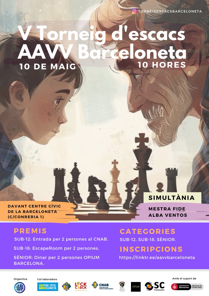 aavvbarceloneta's tweet image. V Torneig d&apos;Escacs AAVV Barceloneta 

10 de Maig a les 10 h davant del Centre Civic de La Barceloneta!

Inscripcions: forms.gle/p2ueNJUrjdFgrq…

#AAVVBarceloneta #chess  #ajedrez #escacs #torneig #torneo #gratis #free #gratuit