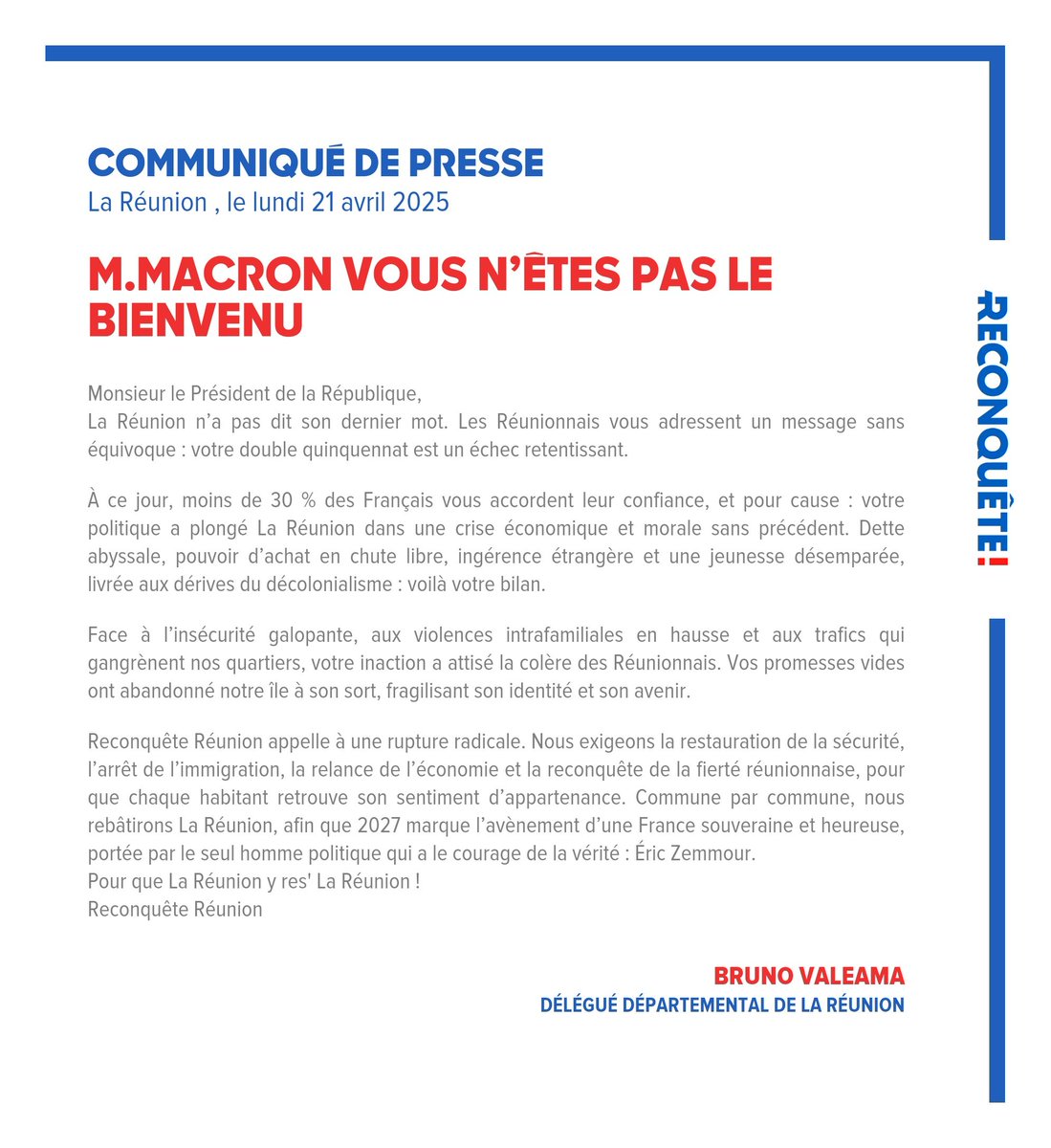 Notre communiqué de presse relatif à la visite du PR.
#Macron #Reconquêtevite #Zemmour2027